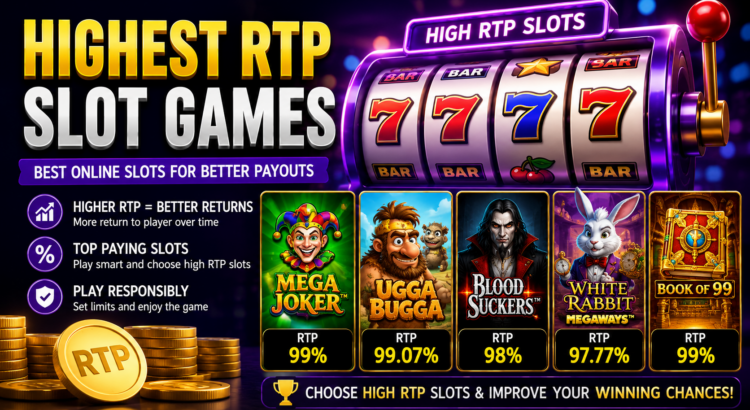 High RTP online slot games with colorful reels, jackpot symbols, and digital casino graphics on screen.
