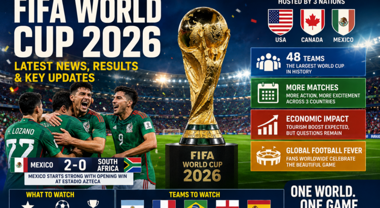 FIFA World Cup 2026 opening match featuring Mexico celebrating victory against South Africa at Estadio Azteca.