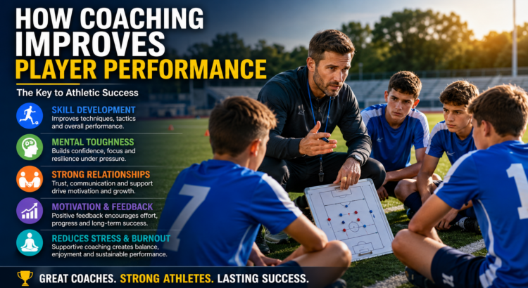 Coach guiding athletes during training to improve performance, mental toughness, leadership, and overall sports success.
