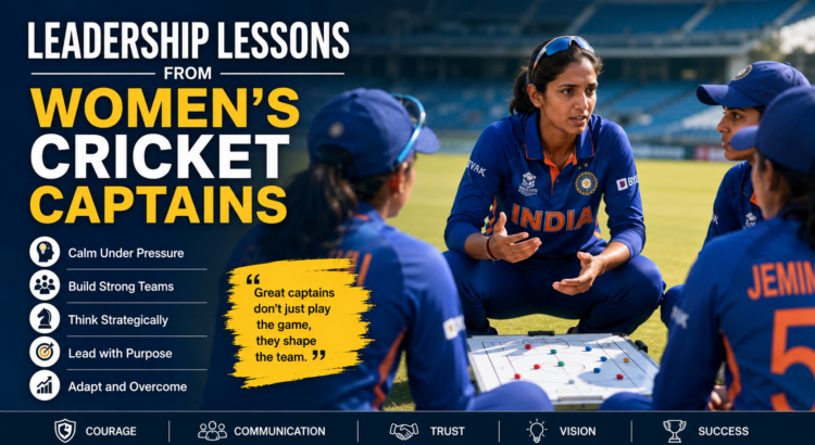 Women’s cricket captain leading team strategy discussion on field showing leadership, focus, and teamwork during match situation.