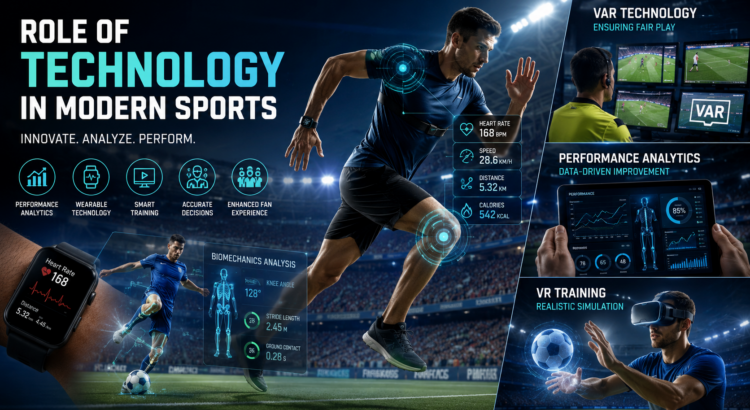 Athletes using modern sports technology, wearable devices, performance analytics, and AI-powered training systems