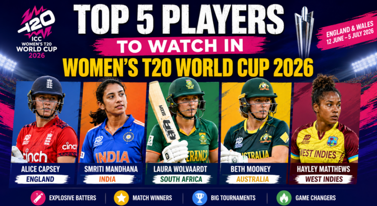 Top five players to watch in the ICC Women’s T20 World Cup 2026 featuring Alice Capsey, Smriti Mandhana, Beth Mooney, Laura Wolvaardt, and Hayley Matthews.