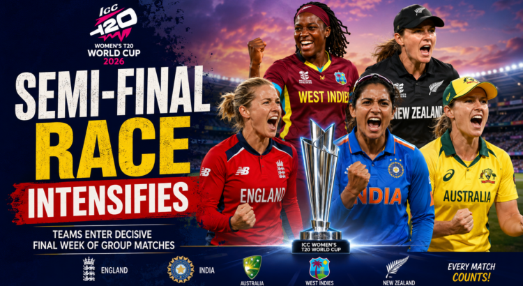 Players celebrate during a crucial ICC Women’s T20 World Cup match as the race for semi-final qualification intensifies.