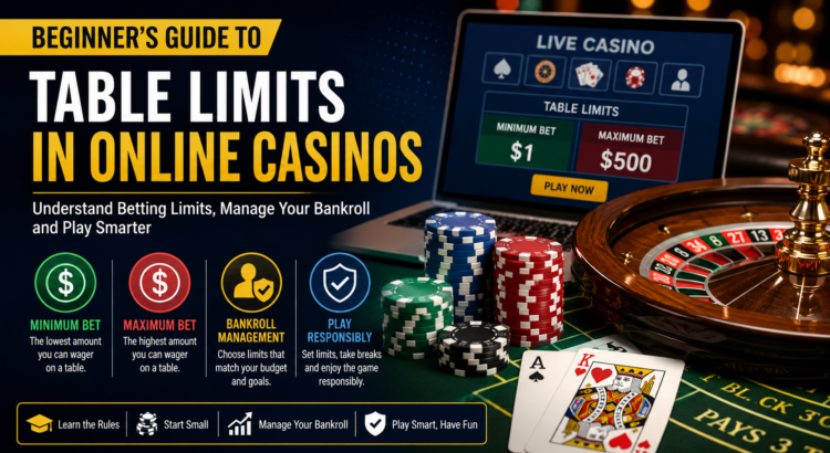 Beginner's Guide to Table Limits in Online Casinos showing a blackjack table, roulette wheel, poker chips, and betting limits for new online casino players.