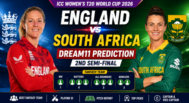 England vs South Africa Dream11 prediction featuring fantasy team, captain picks, probable playing XI, and pitch report for the ICC Women's T20 World Cup 2026 semi-final.