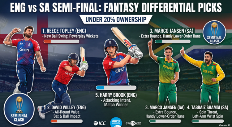 England vs South Africa fantasy differential picks under 20% ownership for Dream11 grand league with low-owned player recommendations.