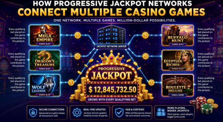 Illustration showing multiple online casino games connected to a shared progressive jackpot network with a growing prize pool and secure server technology.