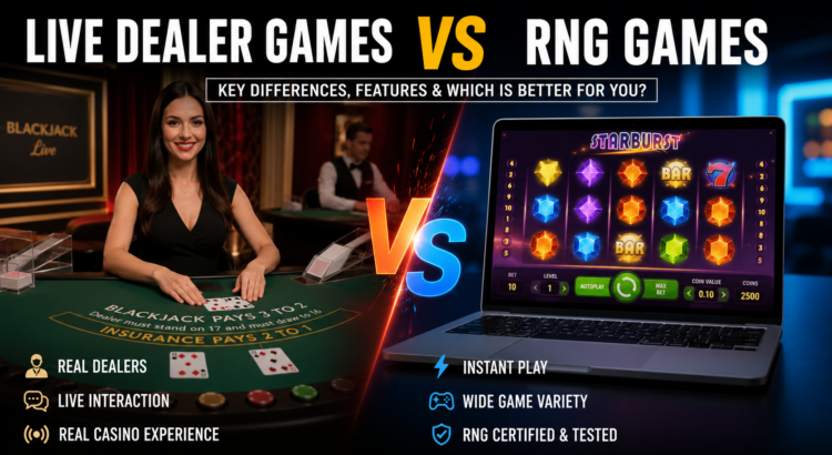 Live Dealer Games vs RNG Games comparison showing a live blackjack table beside digital RNG casino games on a laptop screen.