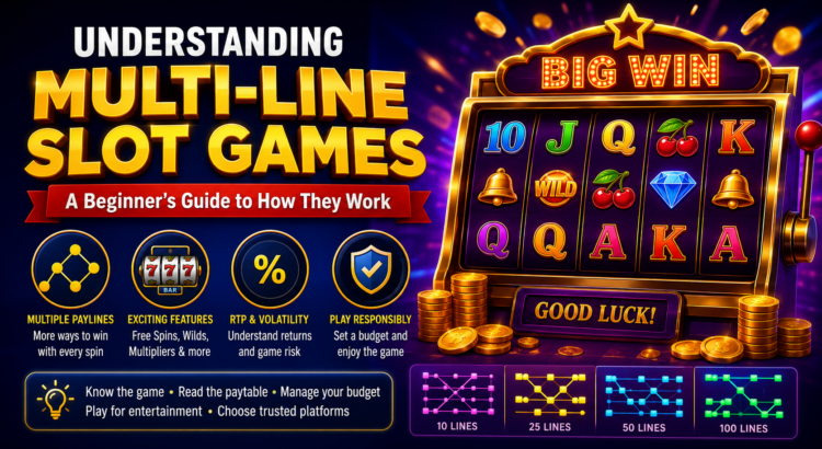 Multi-line online slot game interface showing paylines, reels, RTP, and winning symbol combinations for beginner players.