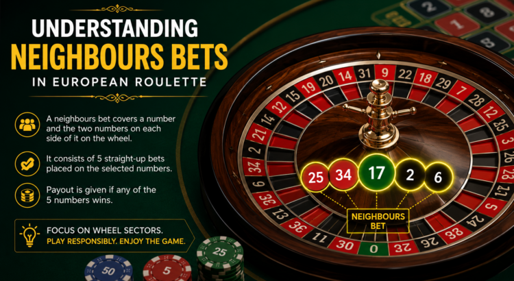 European Roulette wheel showing Neighbours Bets covering adjacent numbers on the wheel layout