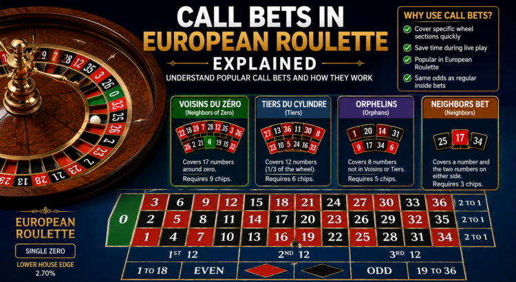 European Roulette wheel and betting table highlighting call bets like Voisins du Zéro, Tiers du Cylindre, Orphelins, and Neighbors Bet.